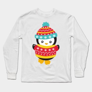 Christmas Penguin, Penguin With Sweater, Hat, Xmas Long Sleeve T-Shirt